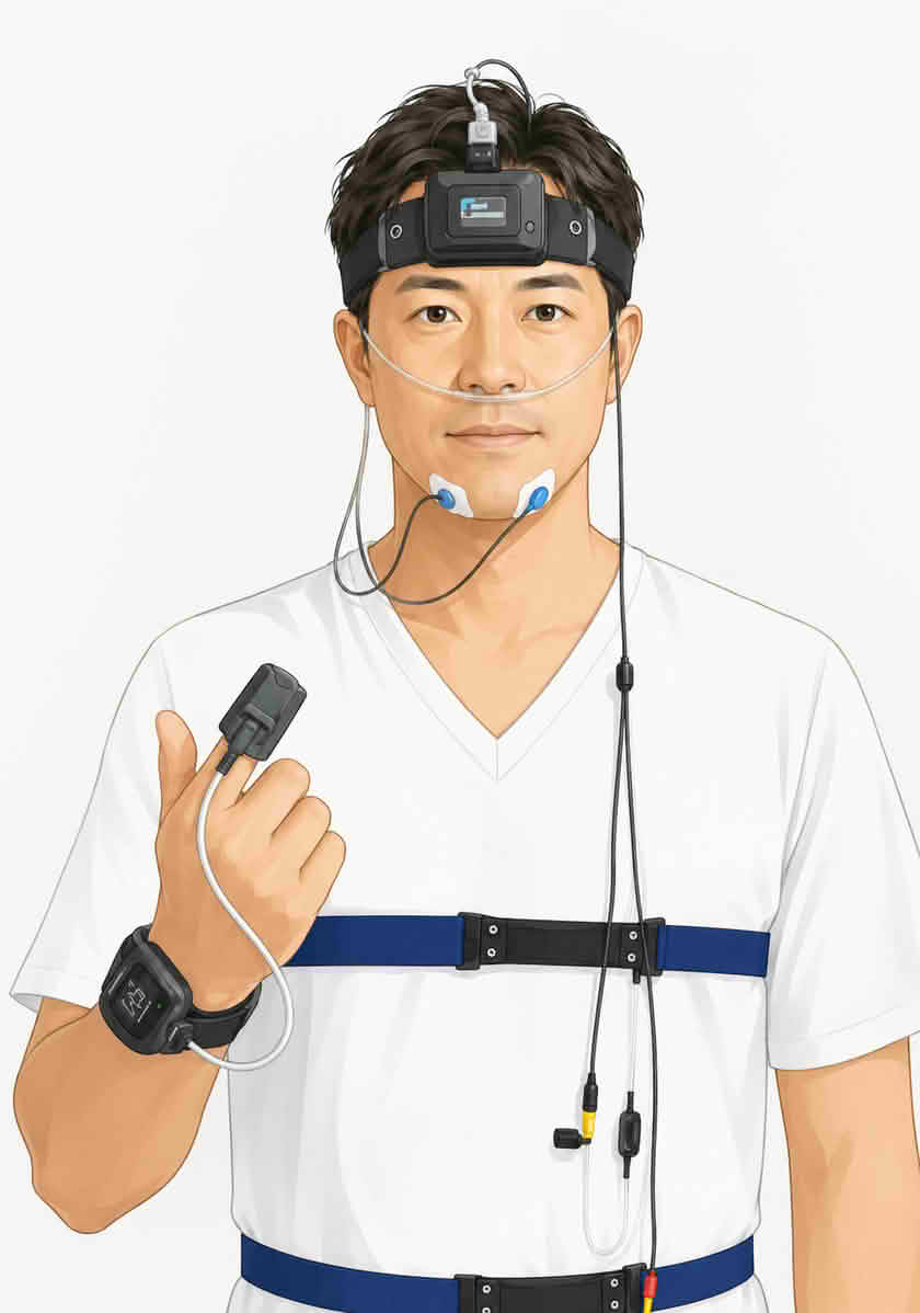 在宅終夜睡眠ポリグラフィー検査の機器を装着した日本人男性のイラスト