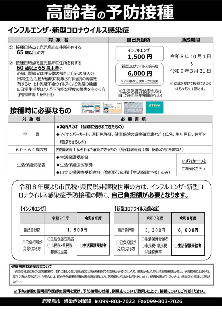 鹿児島市の令和8年度高齢者向け予防接種ポスター。インフルエンザ・新型コロナの対象者、自己負担額、助成期間、接種時の持ち物を案内しています。